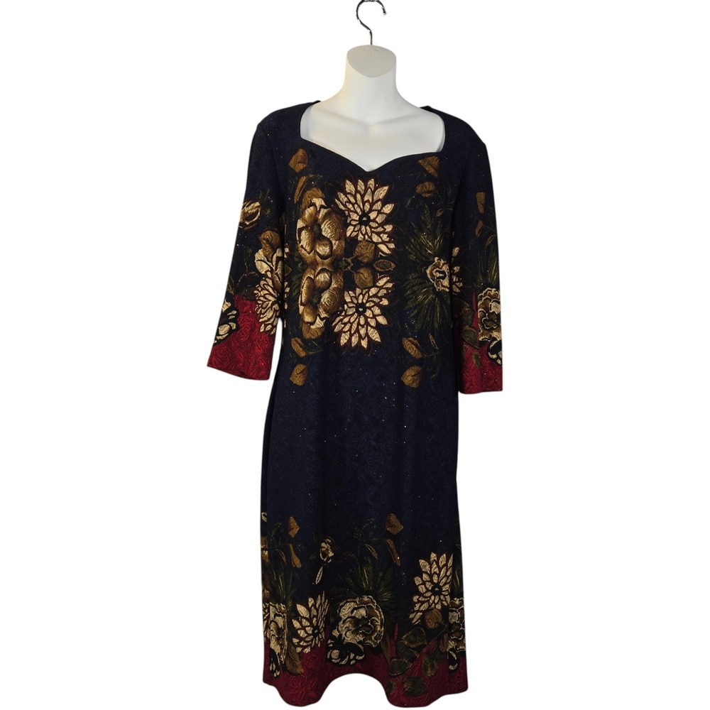 Vfemage Floral Tapestry Midi Dress Women Size 16 Metallic Stretch Knit Navy Gold
